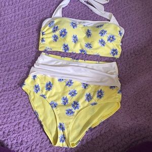 Yellow and Blue Flower High Waisted Bikini